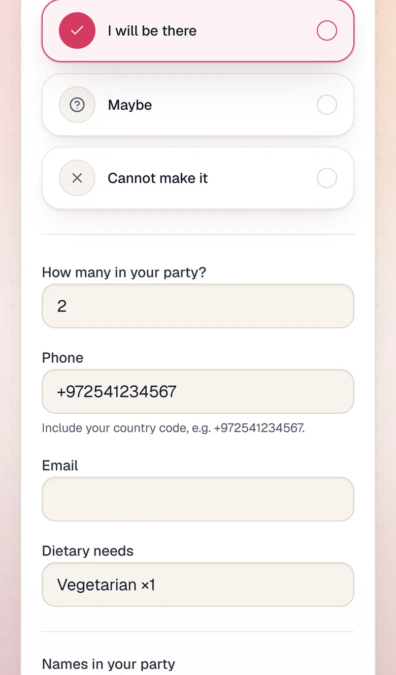The reply form: party size, names, dietary needs, phone