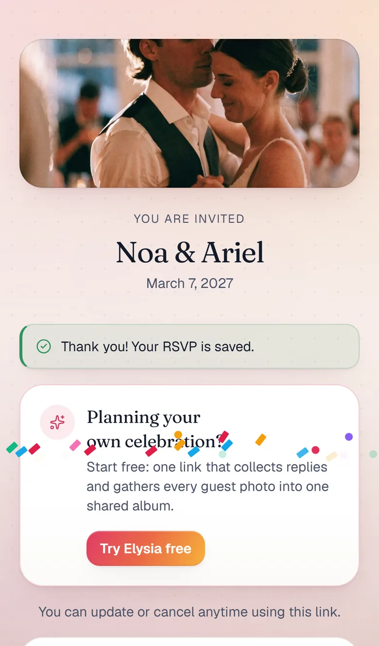 The confirmation a guest sees after replying