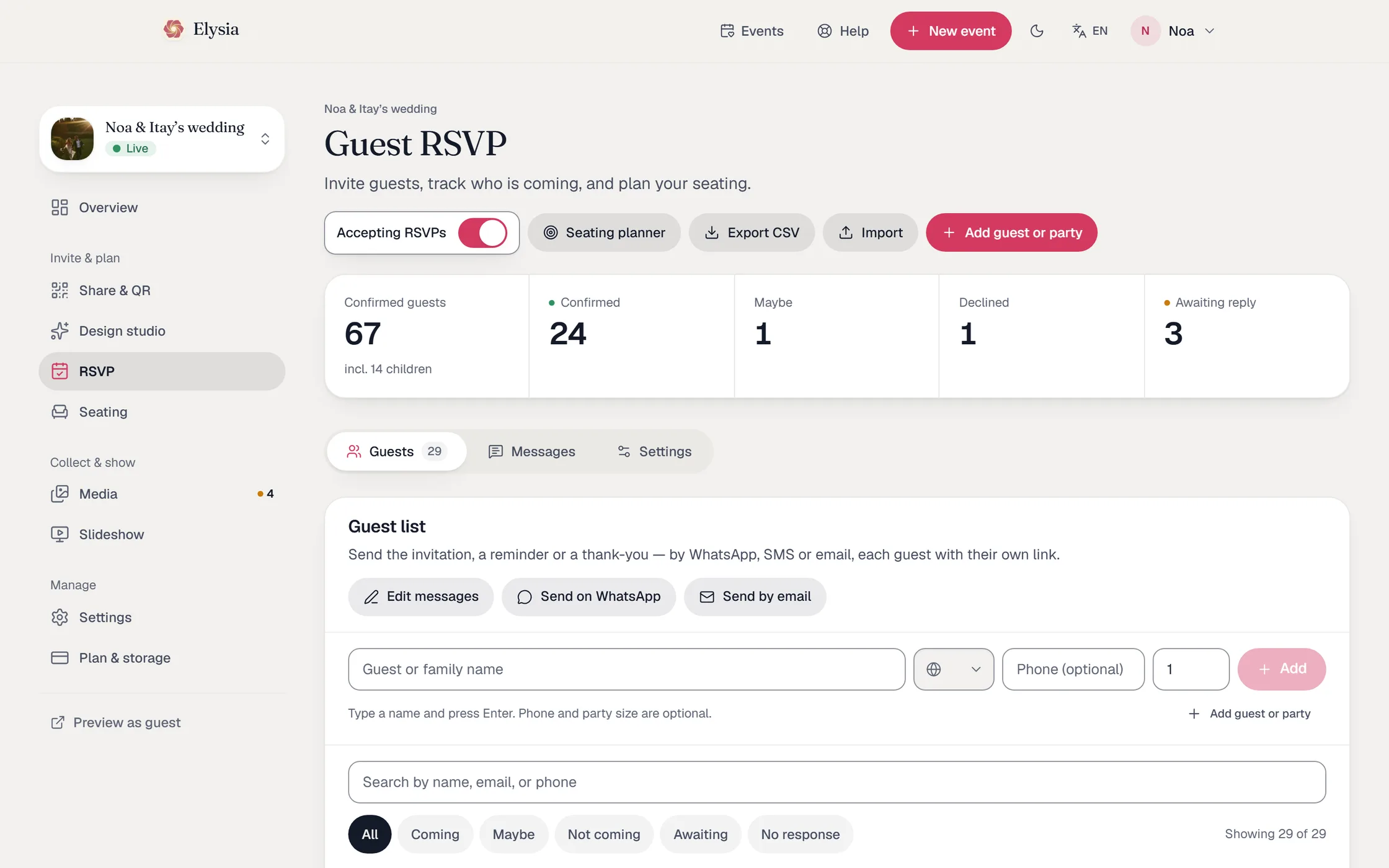 The RSVP dashboard: confirmed, maybe, declined and awaiting counts above the guest list, each family with its sent badge