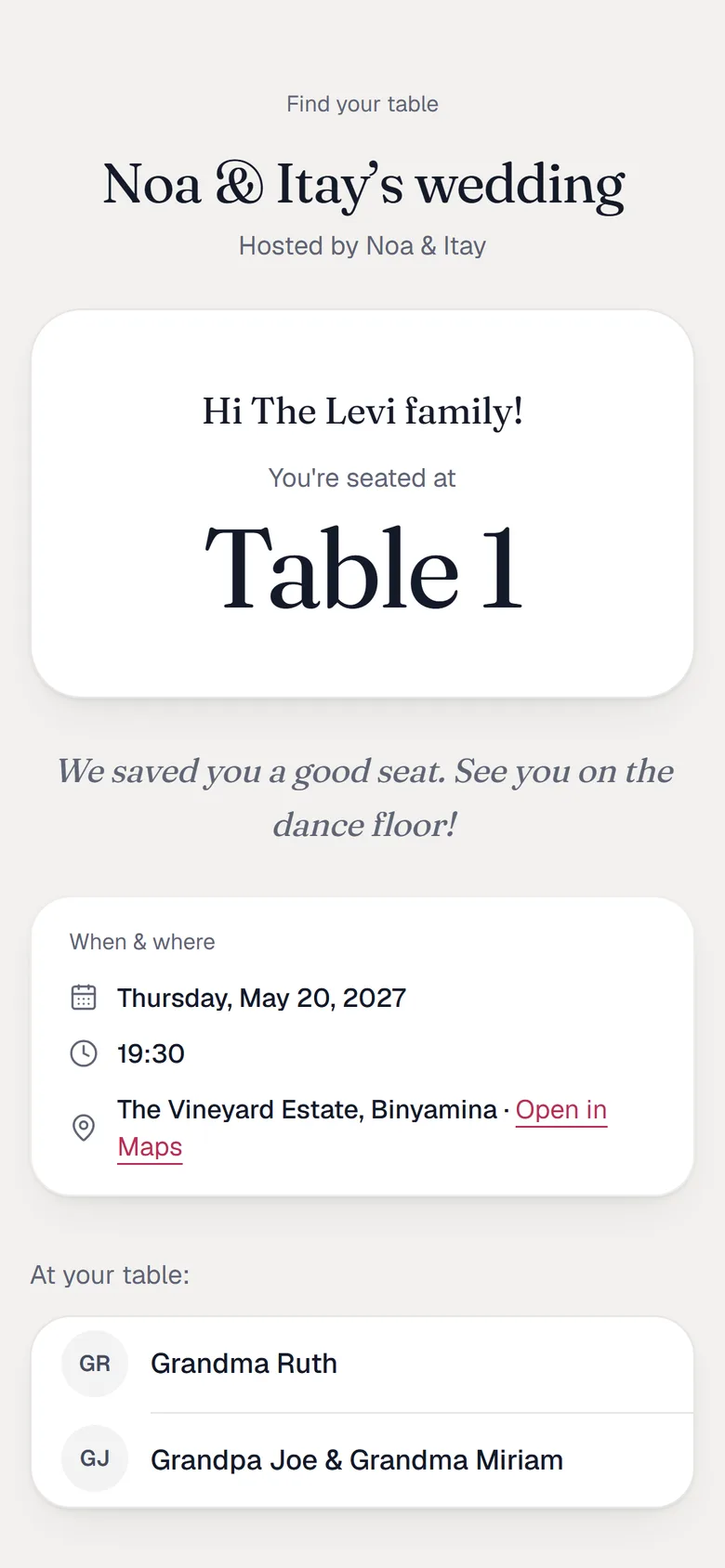 A guest’s find-your-table page: their table number, when and where, and who sits with them