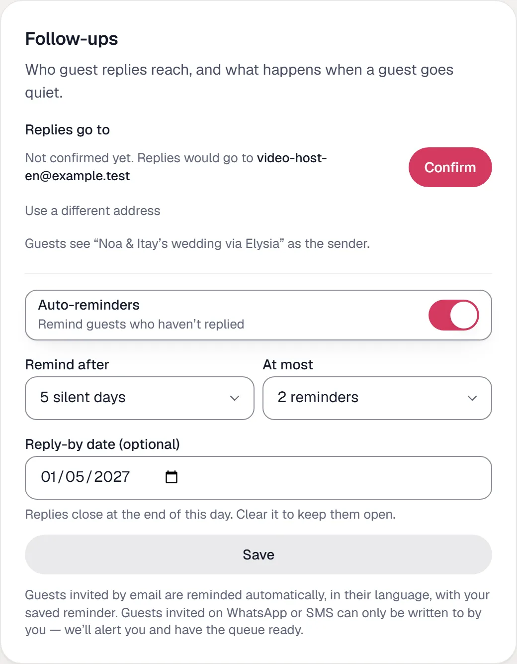 The follow-up settings: automatic reminders on, reminder timing, and the reply-by date