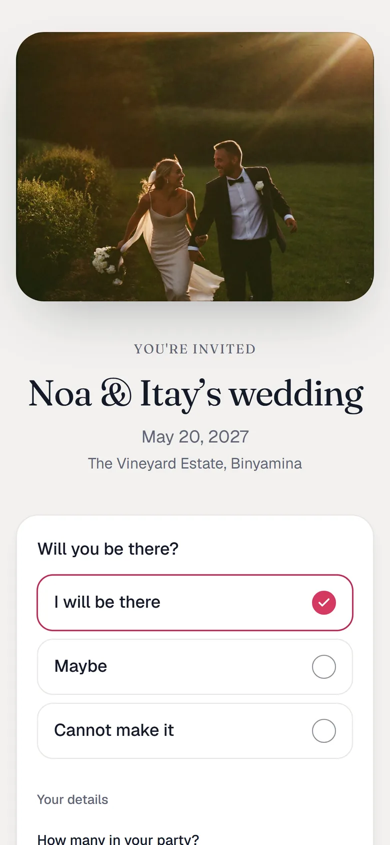 A guest’s reply screen: “I’ll be there” selected, four in the party, a dietary note filled in