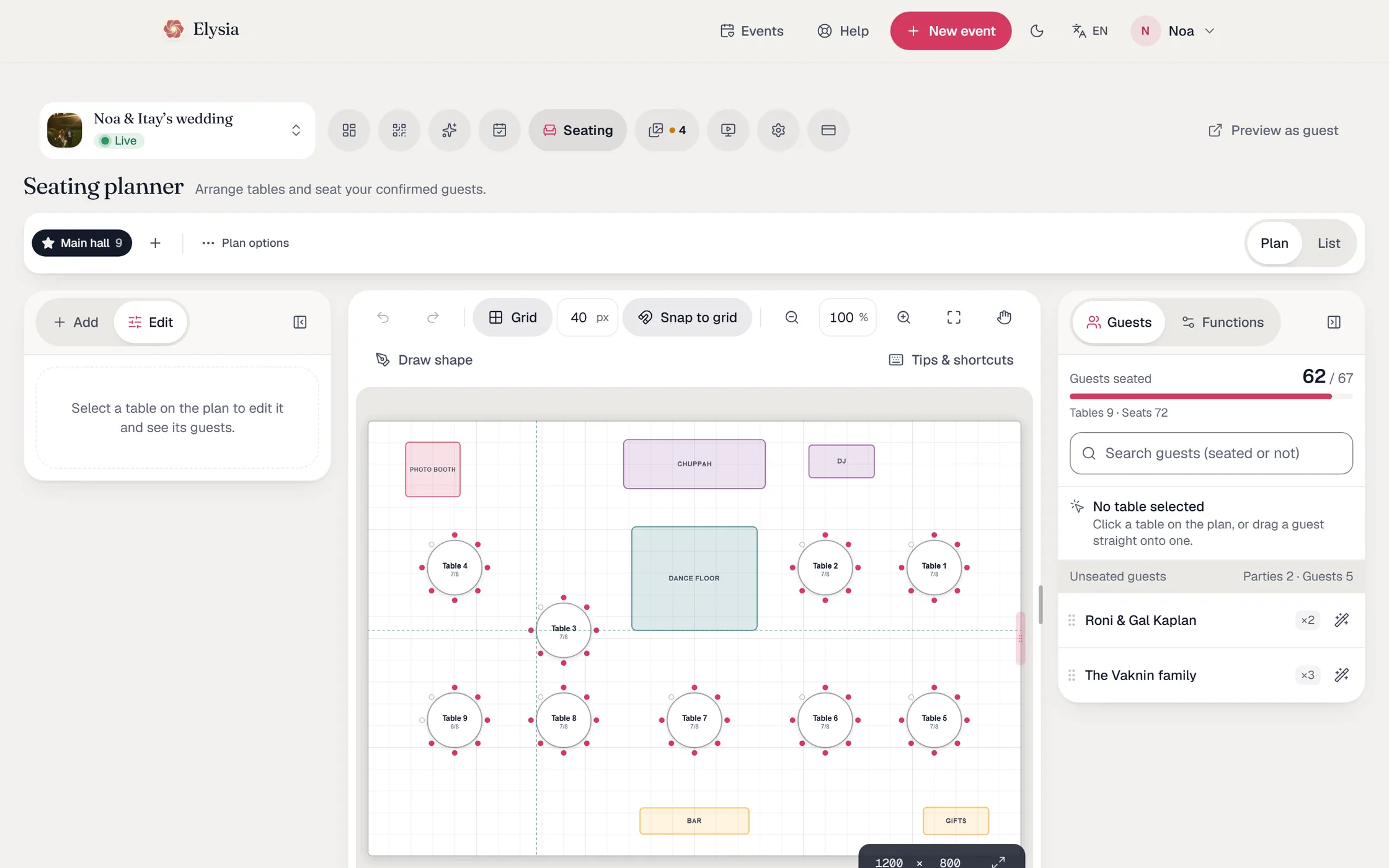 The seating planner: a table being dragged across the floor plan with the snap guides showing, the guest list beside it