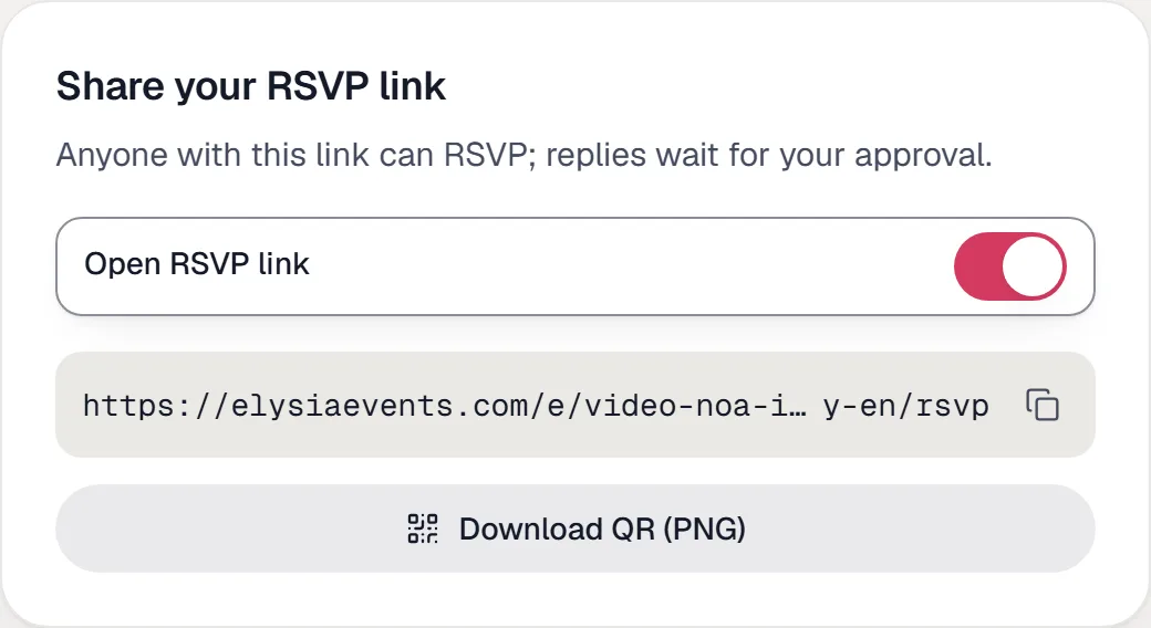 The sharing card: the open-link switch, the link itself, and the QR download