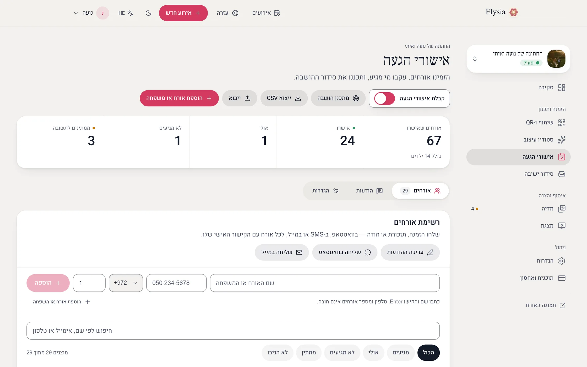 דשבורד אישורי ההגעה: מאושרים, אולי, לא מגיעים וממתינים מעל רשימת האורחים, ולכל משפחה תג "נשלח"