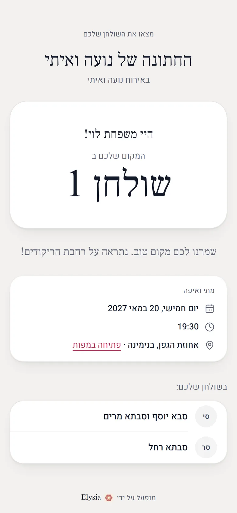 דף "איפה אני יושב" של אורח: מספר השולחן, מתי ואיפה, ומי יושב איתו