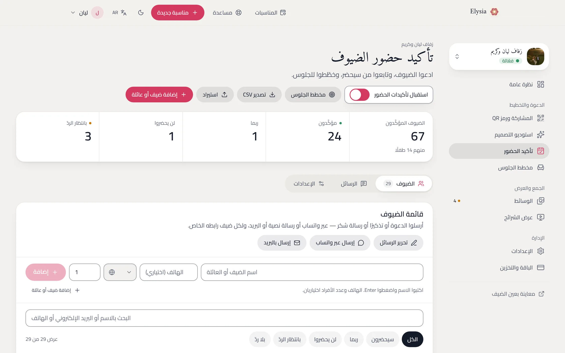 لوحة تأكيد الحضور: المؤكّدون وربما والمعتذرون والمنتظرون فوق قائمة الضيوف، ولكل عائلة شارة الإرسال